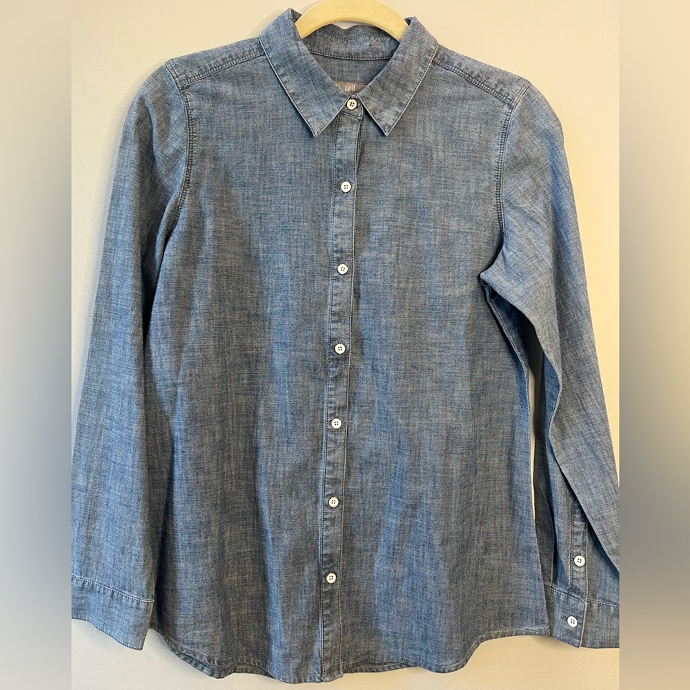 J. Jill Blue Button Down Chambray Denim Shirt Tunic Classic Preppy Everyday